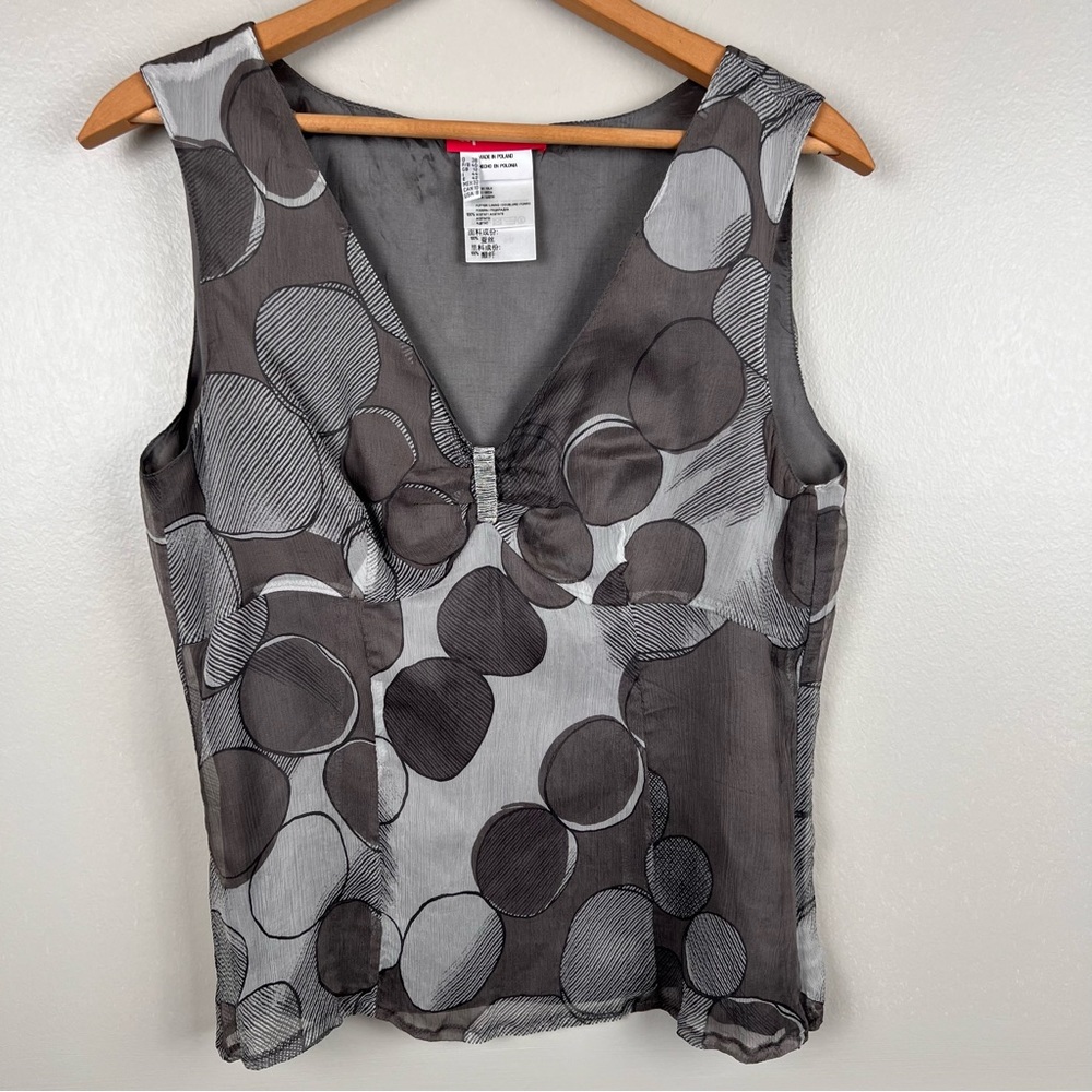 Apriori By Escada 100% Silk Gray Top Size 8‎ Circle Pattern Art To Wear Y2K